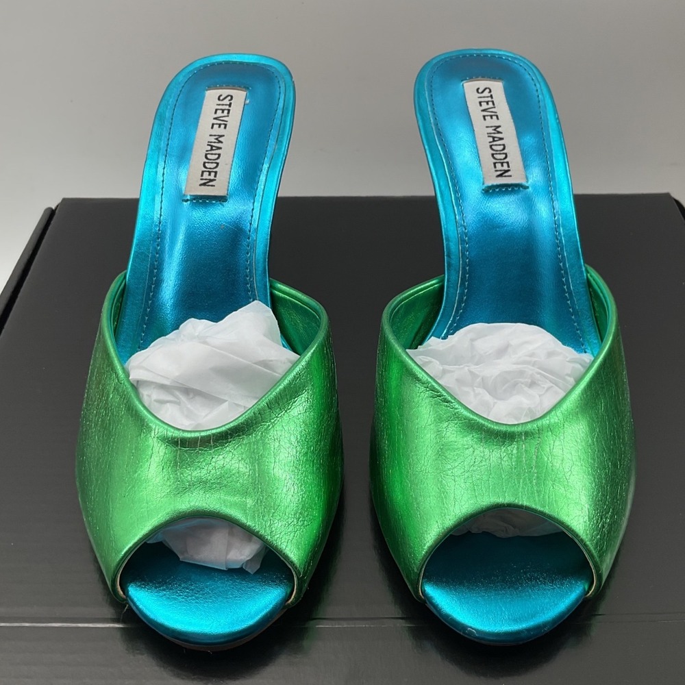 Steve Madden Green Turquoise Metallic Peep Toe Stiletto Mule Heels